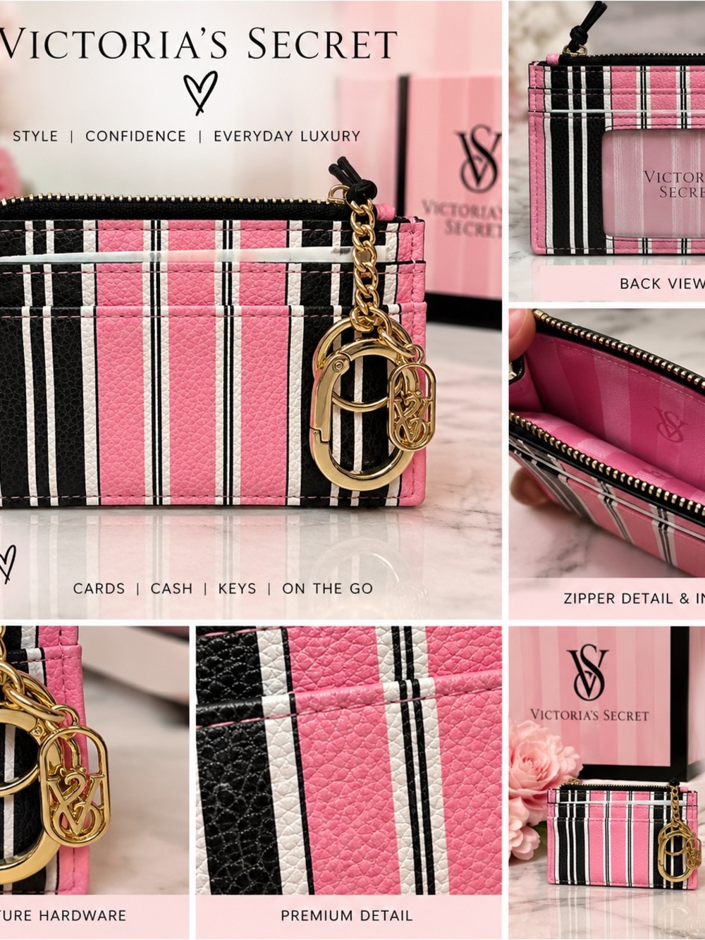 Victoria's Secret Pink, Black & White Striped Card Holder with Gold Hardware